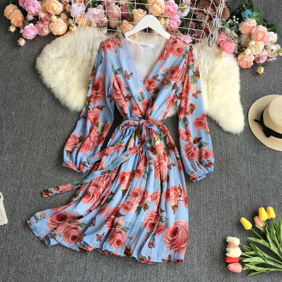 Chiffon Pleated Floral Puff Sleeves V-neck Lace-up Dress-Multicolor NSYXG131783