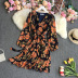 chiffon pleated floral Puff sleeves V-neck lace-up dress-Multicolor NSYXG131783