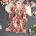 Vestido con escote en V y mangas abullonadas de gasa plisada floral de-Multicolor NSYXG131783