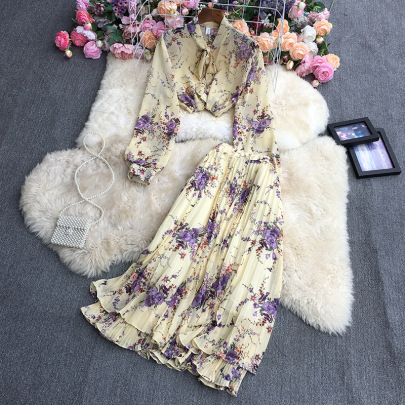 Chiffon Floral Long Sleeve Lace-up Shirt + Pleated High Waist Skirt Set NSYXG131787
