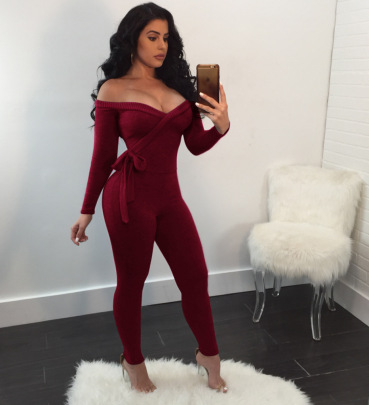 Long-sleeved Off-the-shoulder Wrap Chest Tight Lace-up Solid Color Jumpsuit NSFSX131804