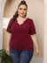 plus size hollow wavy edge deep V short-sleeved solid color T-shirt NSOY131821