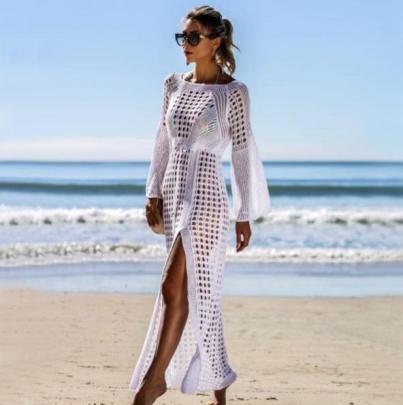 Hollow Long-sleeved Slit Solid Color Knitted Beach Outdoor Cover-up NSCYG131859