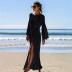 hollow long-sleeved slit solid color knitted beach outdoor cover-up NSCYG131859