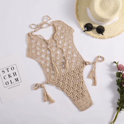 Hollow Hand Crochet Hanging Neck Backless Low-cut Solid Color One-piece Swimsuit NSCYG131865