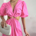 puff sleeves hollow deep v waistless solid color dress NSSQS131870