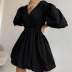 V-neck puff sleeve short solid color dress NSSQS131872
