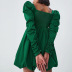 long sleeve low-cut slim solid color satin dress NSSQS131873