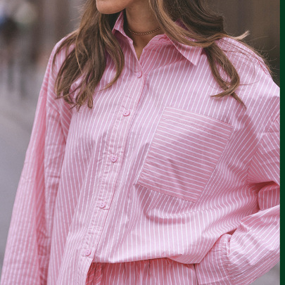 Loose Long Sleeve High Waist Striped Shirt And Shorts Suit NSSQS131877
