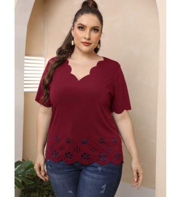 Plus Size Hollow Wavy Edge Deep V Short-sleeved Solid Color T-shirt NSOY131821