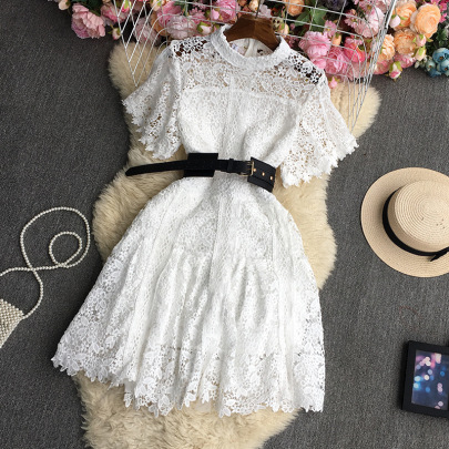 Short Sleeve Round Neck Slim Solid Color Lace Dress With Belt NSYXG131780