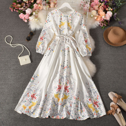 Chiffon Floral Puff Sleeves Waist Slimming Large Swing Dress NSYXG131785