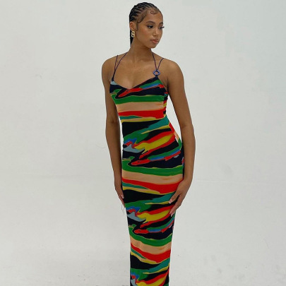 Printing Suspender Low-cut Backless Hanging Neck Slim Dress NSDLS131849