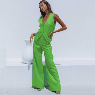 V Neck Sleeveless High Waist Wide-leg Solid Color Vest And Pant Set NSSQS131880