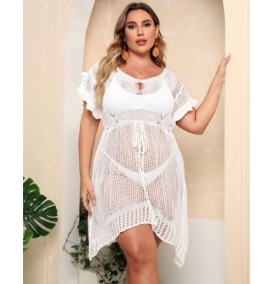 Plus Size Hollow Fungus Edge Short Sleeve Solid Color Perspective Beach Outdoor Cover-ups NSOY131822