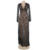plus size long low-cut long sleeve slim solid color see-through lace nightdress NSOYM131895