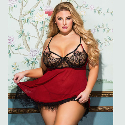 Plus Size Sling Backless Slit Low-cut Color Matching Lace Nightdress With Panties NSOYM131911