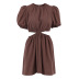 hollow lantern sleeve round neck loose solid color dress NSSQS131918