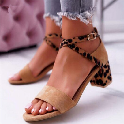 Open Toe One Word Round Toe Leopard Print High Heel Sandals NSYBJ131942