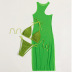 wrap chest hanging neck slit sleeveless solid color bikini three-piece set NSOLY131951