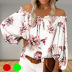 one word collar loose long sleeve lace-up flower printing top NSONF131976