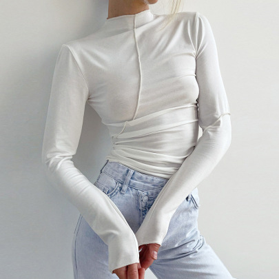 Stitching Long Sleeve Slim Solid Color T-shirt NSSQS131930