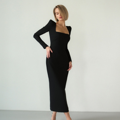 Square Collar Slim Long Sleeve Slit Solid Color Dress NSSQS132002