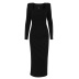 square collar slim long sleeve slit solid color dress NSSQS132002
