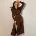 long sleeve v neck lace-up slit solid color satin top and skirt set NSSQS132005