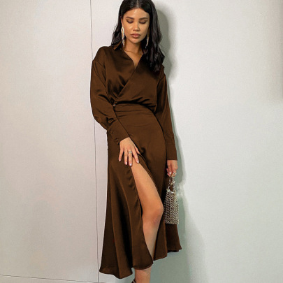 Long Sleeve V Neck Lace-up Slit Solid Color Satin Top And Skirt Set NSSQS132005