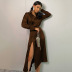 long sleeve v neck lace-up slit solid color satin top and skirt set NSSQS132005