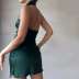 drape slit backless hanging neck slim solid color satin dress NSSQS132015
