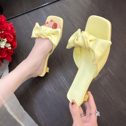 Bow Square Toe One-word Belt Low Heeled Open Toe Slippers NSYBJ132020