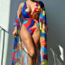 printed long sleeve deep v backless lace-up one-piece swimsuit set NSOLY132028