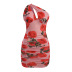 single-shoulder sleeveless hollow backless tight flower print dress NSFLY132050