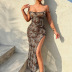 sling backless slit low-cut leopard print dress NSFLY132056