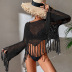 loose fringed hollow long sleeve solid color beach outdoor cover-up NSCYG132100