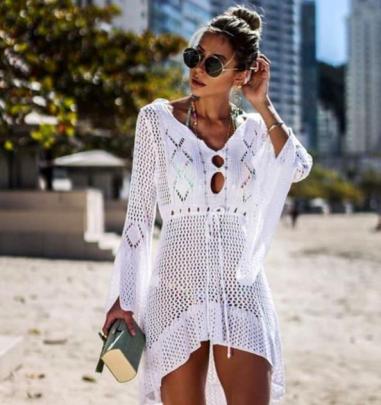 Hollow Bell-sleeved Loose Lace-up Solid Color Knitted Beach Outdoor Cover-up NSCYG132106