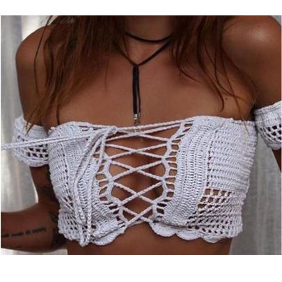 Hand Hook Tube Top Short Sleeve Lace-up Solid Color Swimsuit Top NSCYG132111