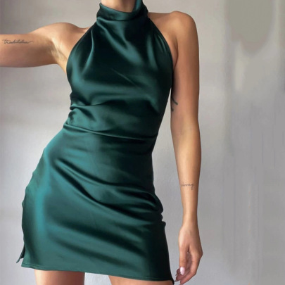 Drape Slit Backless Hanging Neck Slim Solid Color Satin Dress NSSQS132015
