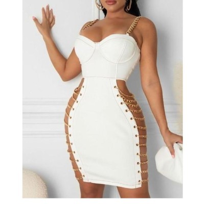 Chain Cutout Sling Tight Solid Color Dress NSFH132136