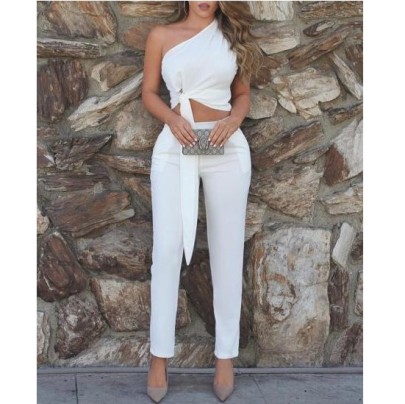 Single-shoulder Sleeveless Lace-up High Waist Slim Solid Color Vest And Pant Suit NSFH132135
