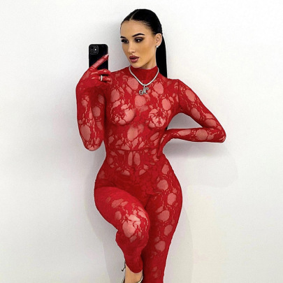 Long Sleeve Tight Round Neck Solid Color See-through Jumpsuit NSFLY132049