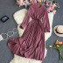 Breasted Pleated solid color Large Swing long sleeve round neck waist dress NSYXG132185