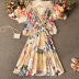 print Palace style puff sleeve v neck lace-up large swing dress NSYXG132186