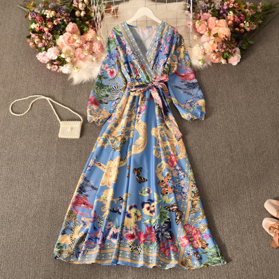 Print Palace Style Puff Sleeve V Neck Lace-up Large Swing Dress NSYXG132186
