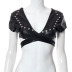 steampunk style short sleeve tight low-cut lace-up solid color PU leather top NSMX132195