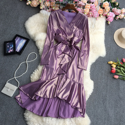 Long Sleeve V Neck Waist Ruffle Bright Color Dress NSYXG132191