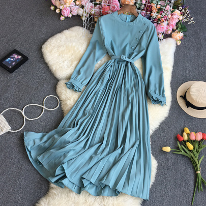 Breasted Pleated Solid Color Large Swing Long Sleeve Round Neck Waist Dress NSYXG132185