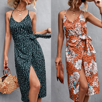 V-neck Slit Sleeveless Slim Lace-up Flower And Leopard Print Dress NSLNZ132166